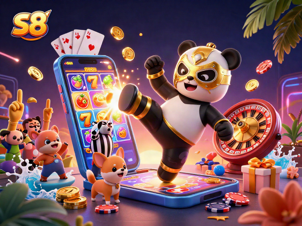 s8 slot game action unfolds with a panda wrestler kicking, while a chihuahua referee counts amidst casino excitement.