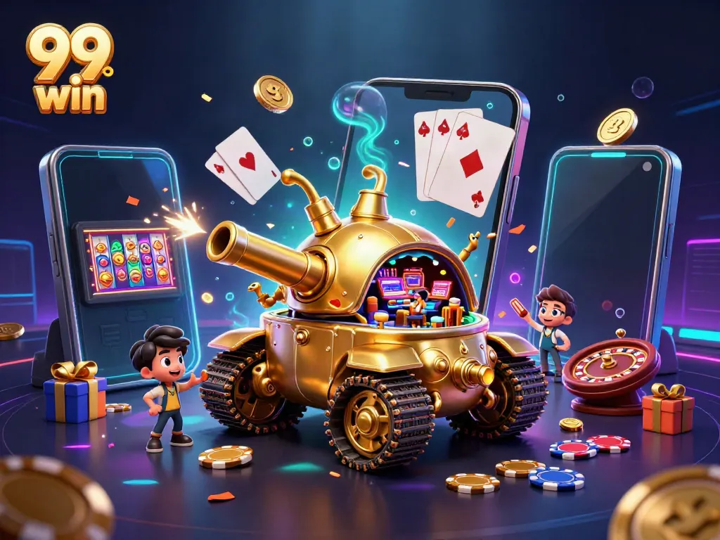 Experience the thrill of 99 win with this dynamic 3D casino illustration featuring a golden beetle tank and exciting gaming elements.