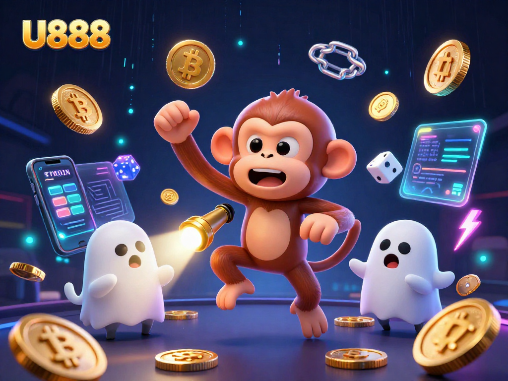 Engage in thrilling gameplay at U888 with a playful poltergeist monkey and ghost-hunter puppy in a haunted casino.