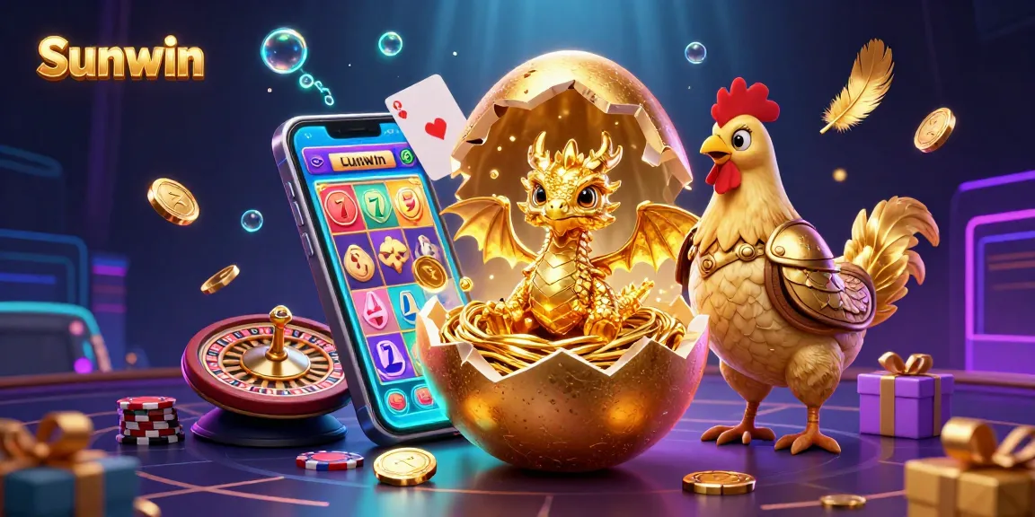 Experience thrilling action with Sunwin's golden dragon guarding poker chips in this lively casino scene.