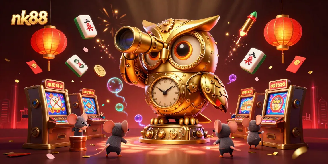 Engage with the nk88 casino scene, featuring a whimsical clockwork owl and golden game elements.