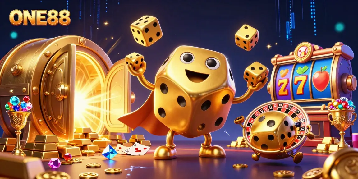 Engage with thrilling gaming action at ONE88 featuring a golden dice golem surrounded by dazzling casino elements.