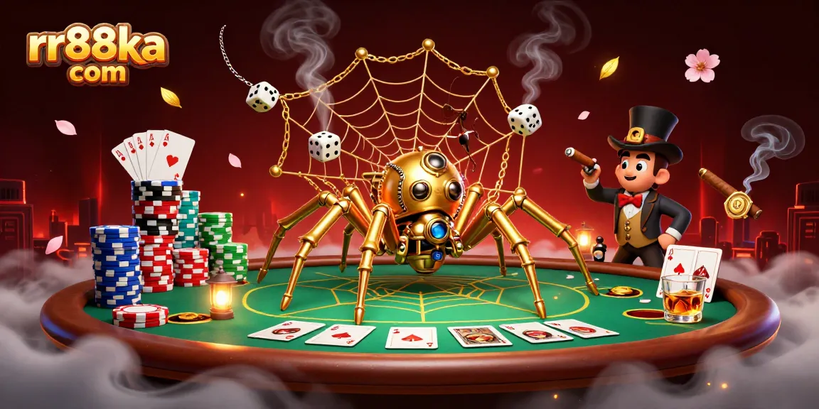 Engaging rr88ka com scene with a steampunk spider and casino elements, illustrating poker and gaming excitement.