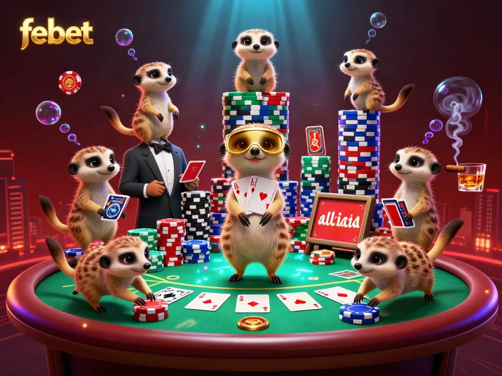 Experience thrilling gameplay at febet with meerkats managing a bustling casino of poker and vibrant game elements.