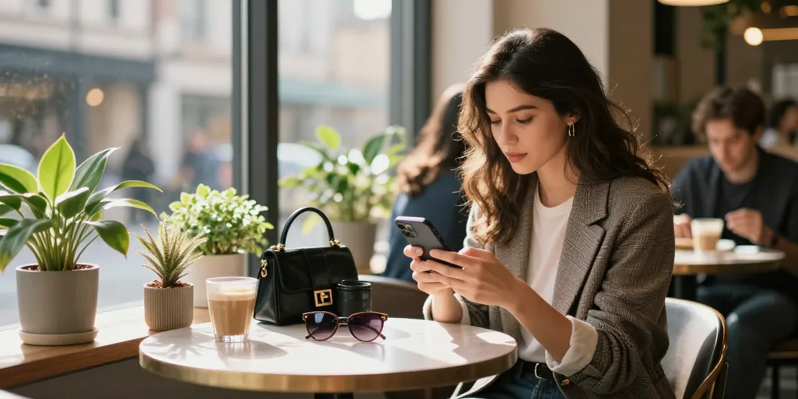 Weibliche Instagram Likes kaufen in einem modernen Café mit einer stilvollen Frau, die ihre Benachrichtigungen überprüft.