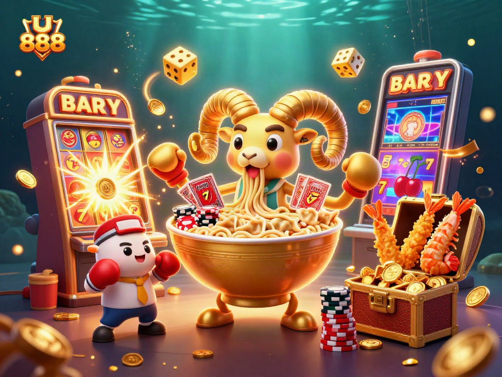 Experience the excitement of U 888 with a vibrant 3D animated casino scene filled with games and characters.