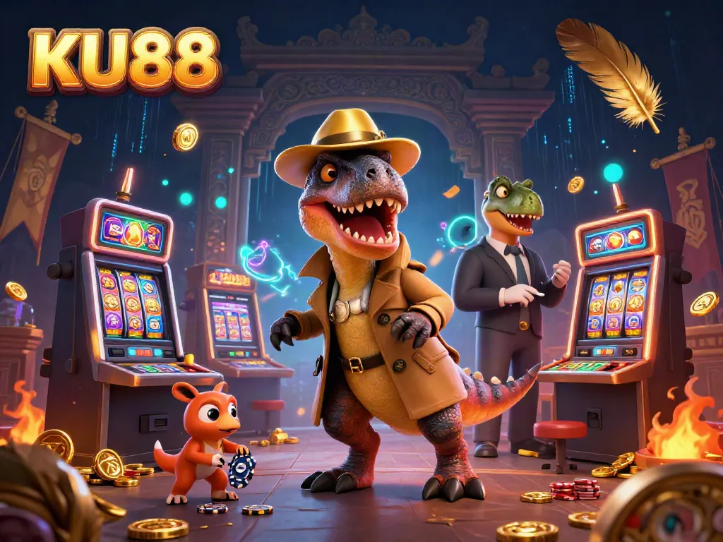 KU88 slot machine scene featuring a sneaky velociraptor card counter, pit boss, and playful compy pickpocket.
