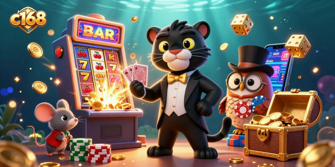 Experience thrilling moments at c168 with a stylish panther dealer, lucky owl, and mouse amidst a vibrant casino scene.