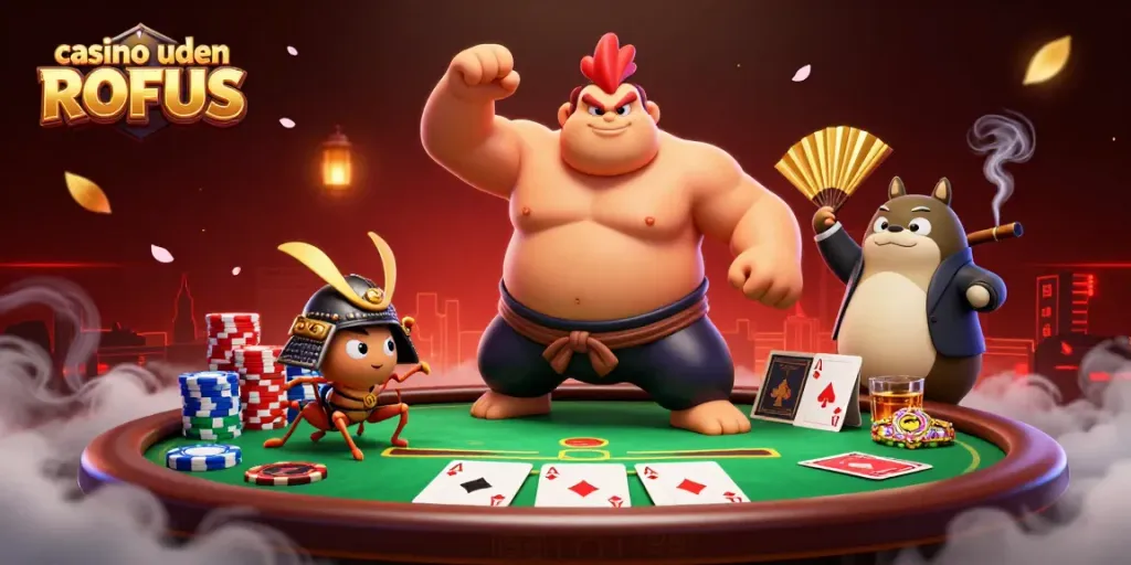 Experience thrills at casino uden ROFUS with an action-packed scene of a powerful sumo rooster and samurai cricket.