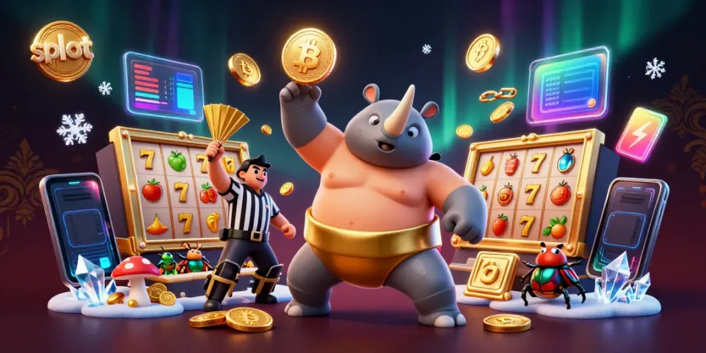 Experience thrilling slot action with a champion beetle stomping coins while Bitcoin and Ethereum float around.