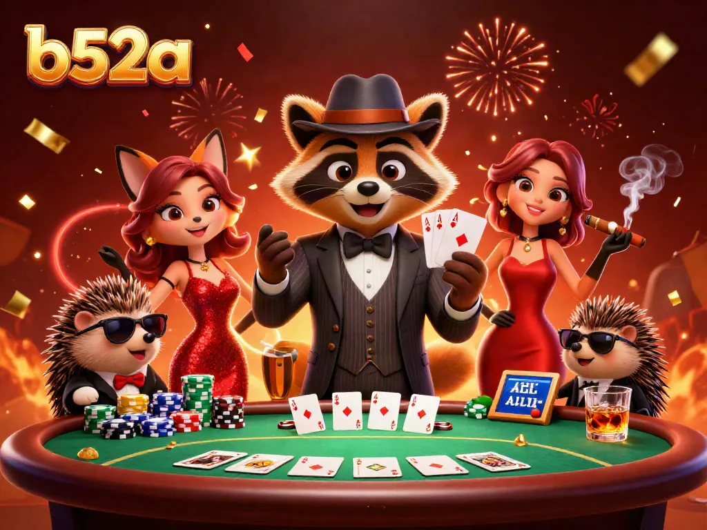 Experience thrill and excitement at b52a, where a raccoon deals poker cards amid vibrant casino action.