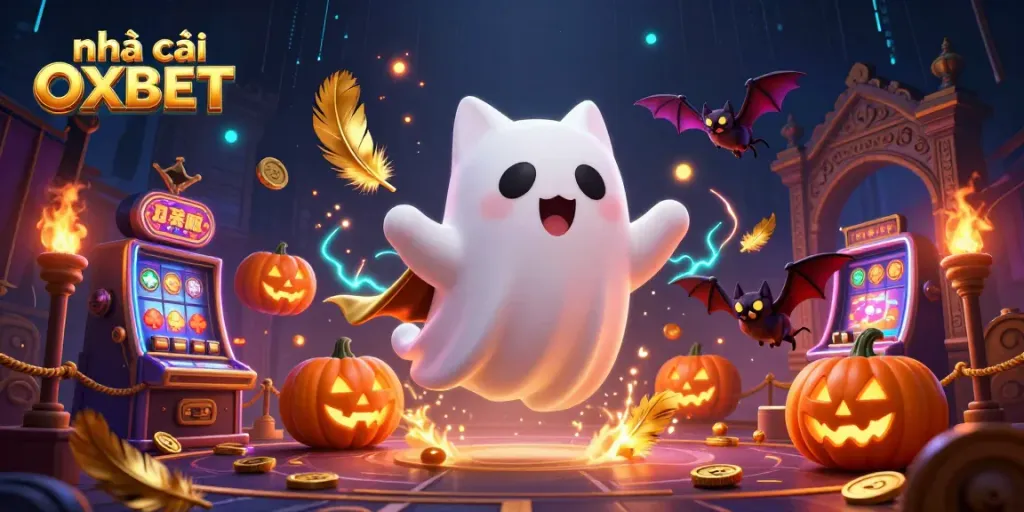 Engage with the thrilling atmosphere of nhà cái OXBET, featuring a ghost cat and vibrant casino elements.