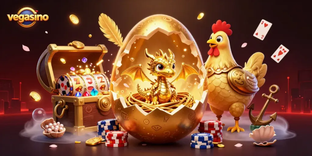 Spin lucky reels and uncover treasures at vegasino with golden dragon and poker chips.