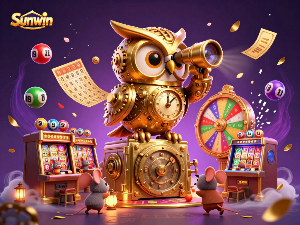 Win big at Sunwin with a magical casino scene featuring a golden owl and vibrant gaming elements.