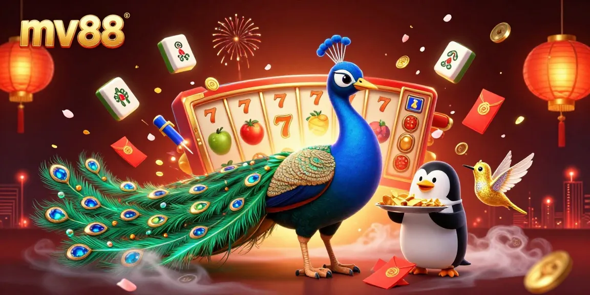 Spin the reels with mv88 as the vibrant peacock and butler penguin showcase a thrilling casino scene.