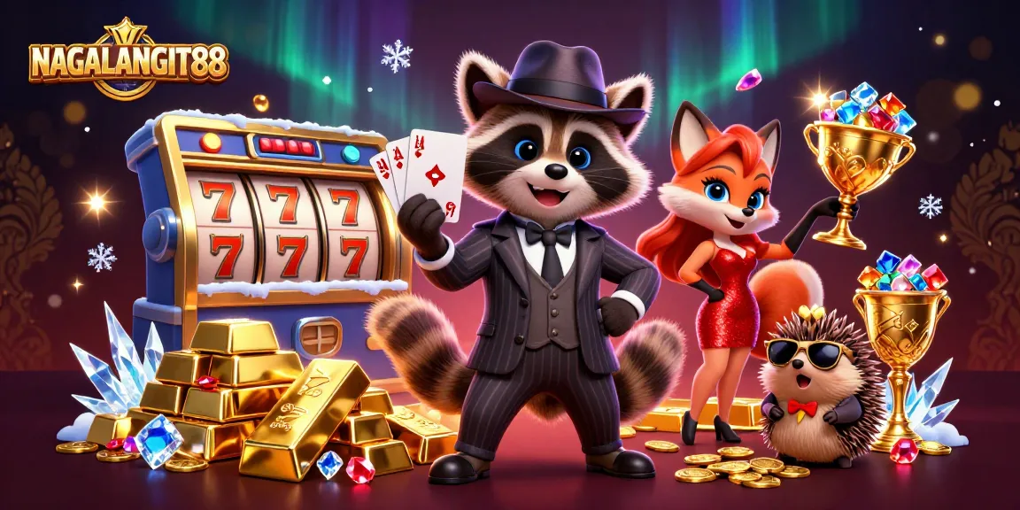 NAGALANGIT88 casino celebration featuring raccoon holding a royal flush amidst shimmering slot symbols.