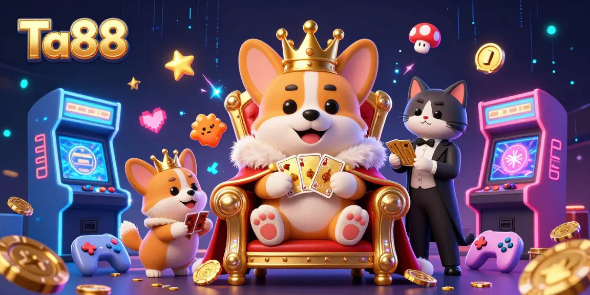 Experience excitement at Ta88 with a vibrant 3D royal corgi casino scene and interactive gaming elements.