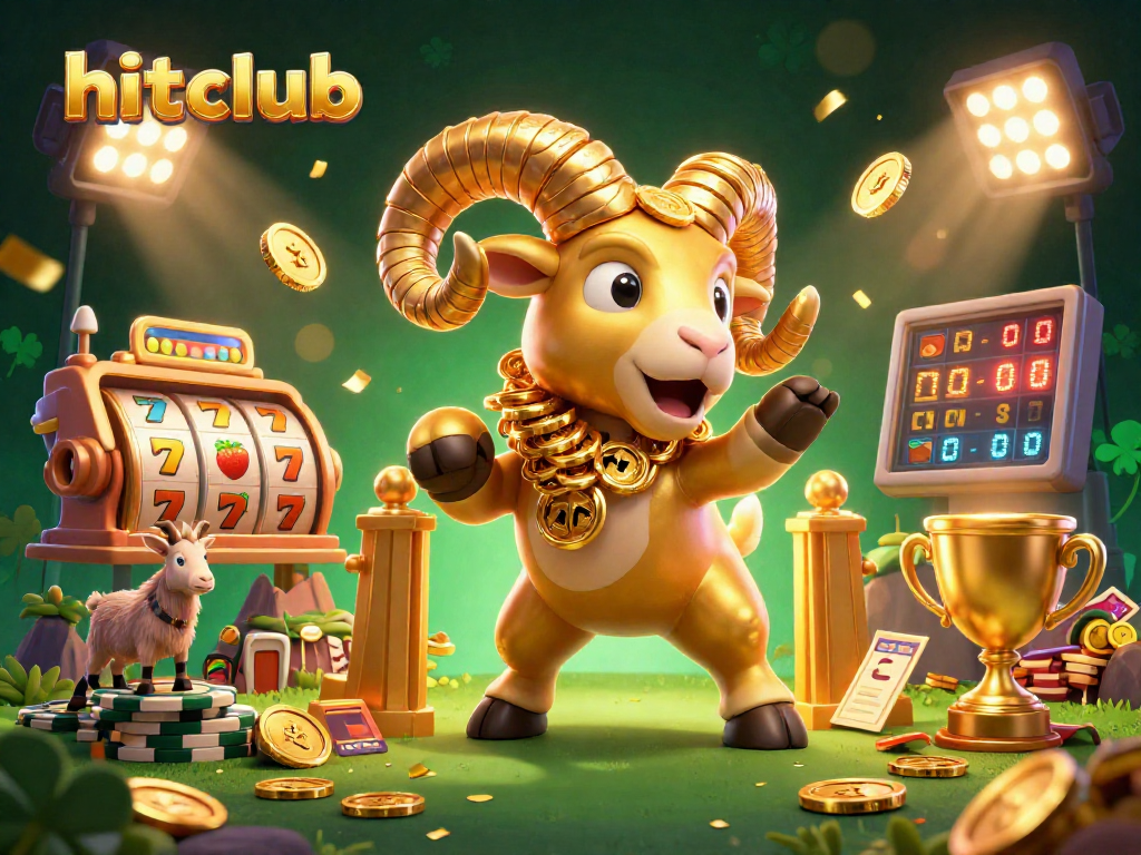 Engage with hitclub's vibrant gaming world, showcasing a dynamic scene of a golden ram amidst spinning slot reels and festive elements