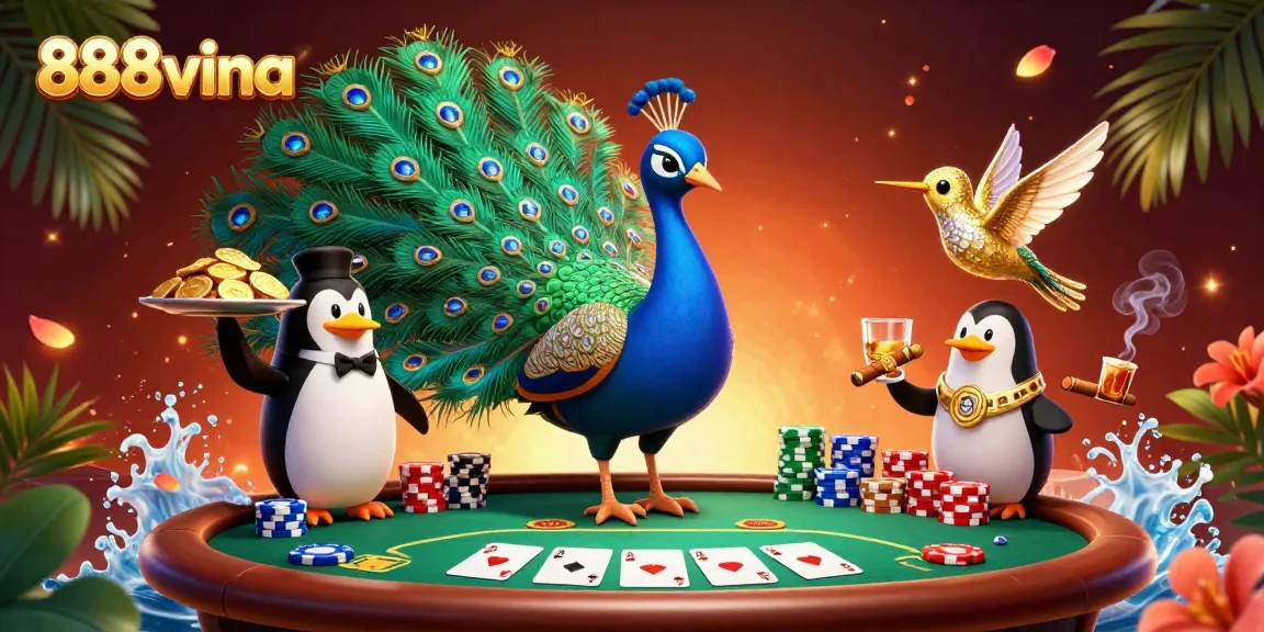 Engage in thrilling gameplay with 888vina's online poker featuring vibrant characters and dynamic chip stacks.