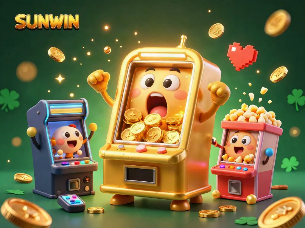 SUNWIN's joyful golden slot machine hits a jackpot, showering coins, surrounded by cheering baby machines, perfect for online casino enthusiasts.