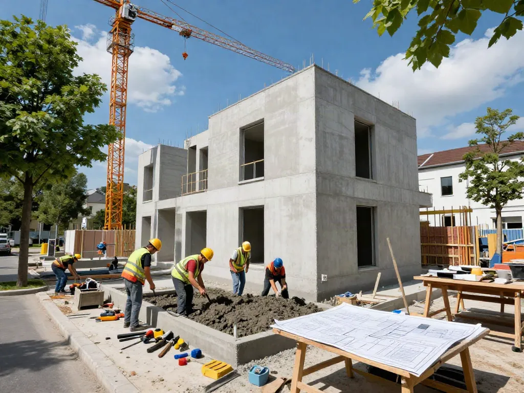 Haus Bau Wien: Modernes Bauprojekt mit Arbeitern an der Baustelle in Wien.