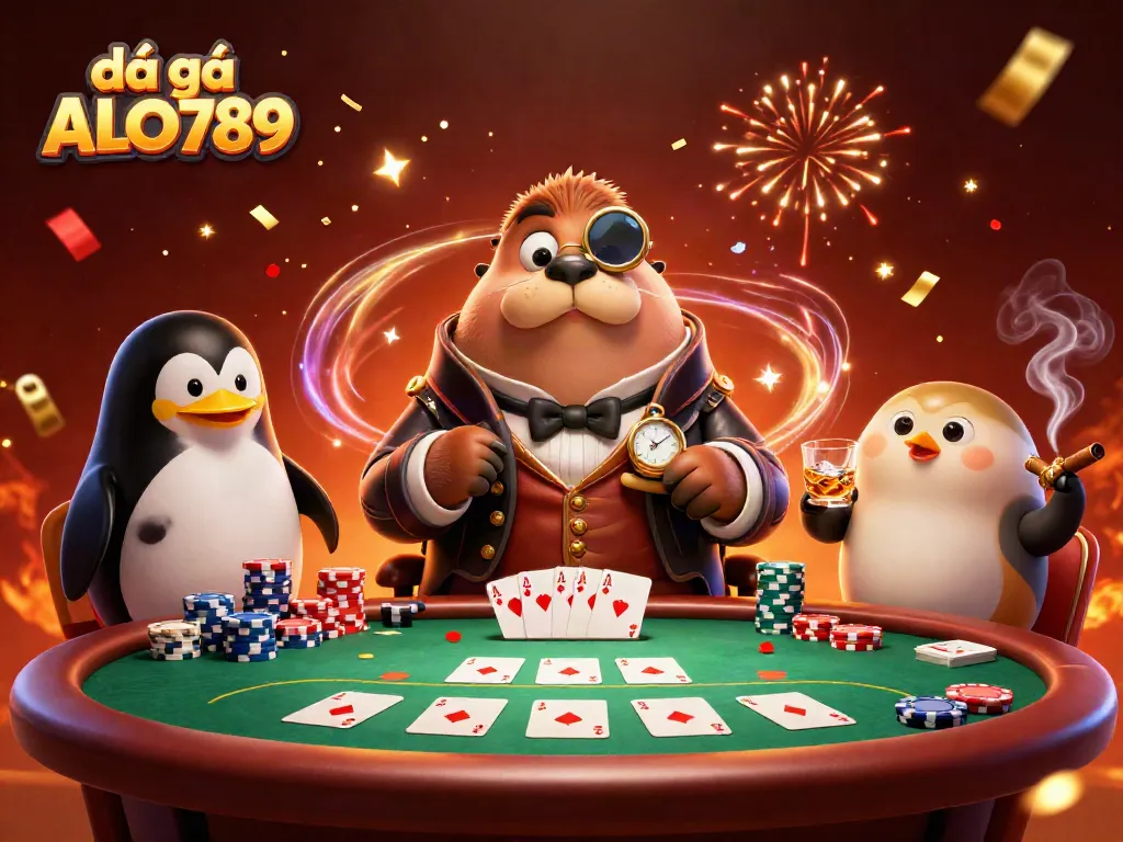 Experience the thrill of đá gà ALO789 with a playful walrus, penguin dealer, and pufferfish player at an underwater poker table.