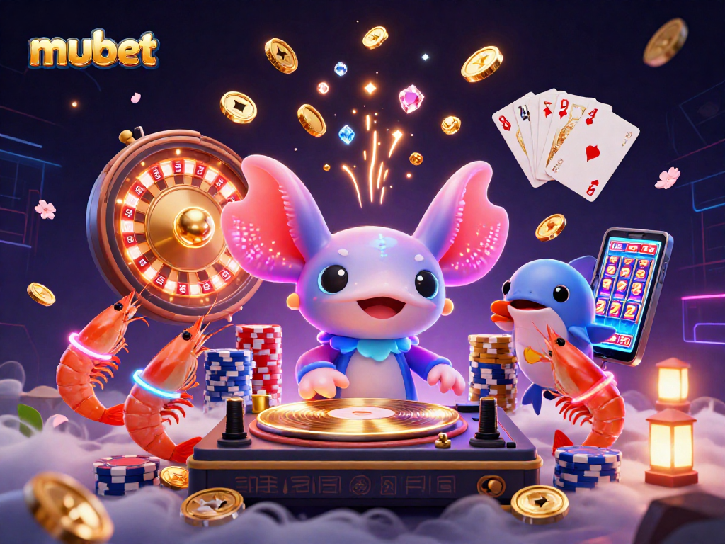 Engage with mubet through vibrant casino fun featuring a DJ axolotl, shrimp dancers, and exciting game elements.