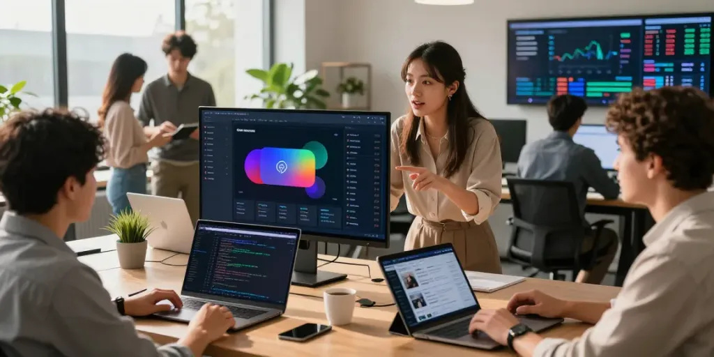A diverse team discussing Internet Money wallet features in a modern workspace, showcasing an engaging crypto trading atmosphere.