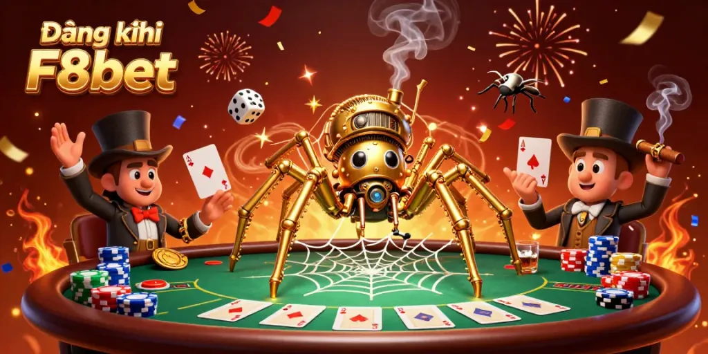 Engage in thrilling gambling with Đăng ký F8bet, featuring a steampunk-themed poker scene.