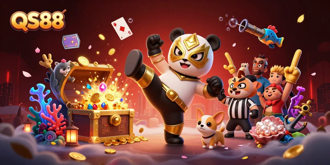 Experience exciting action in QS88 with a panda wrestler and vibrant casino elements