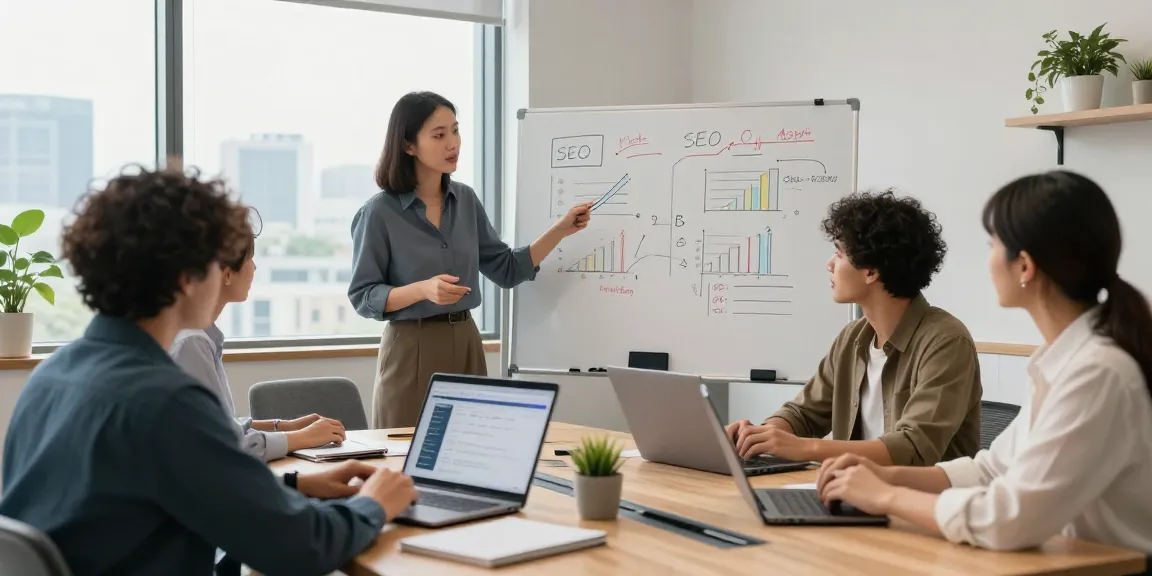 SEO Berater, der mit einem Team in einem modernen Büro zusammenarbeitet und Strategien sowie Analysen präsentiert.