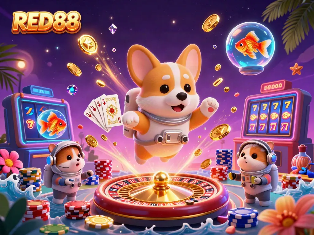 Experience the excitement of RED88 with a floating space casino scene featuring an astronaut corgi, poker chips, and vibrant gaming elements.