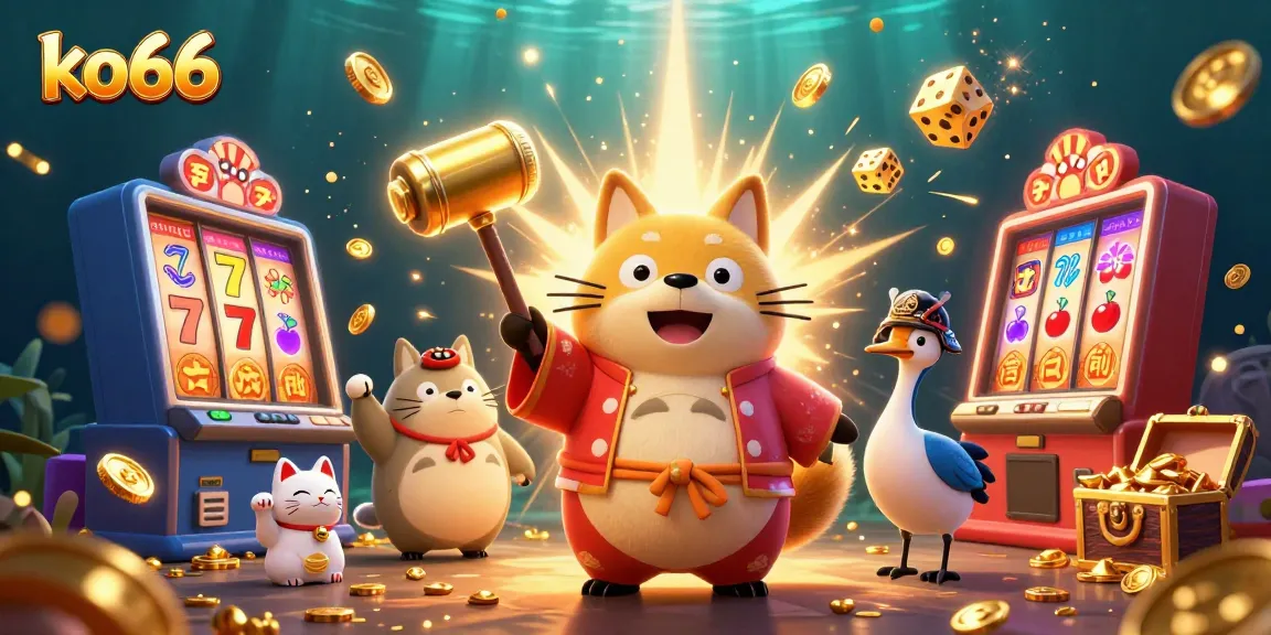 Engage in exciting casino fun with ko66 featuring cheerful tanuki and dynamic slot machine.