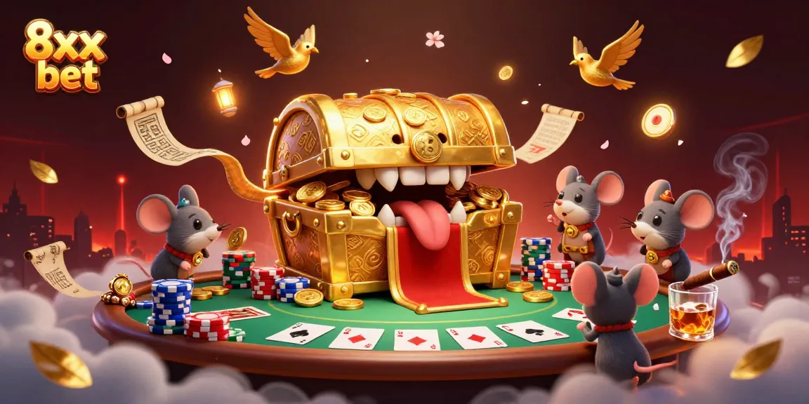 Engage with thrilling 8xx bet action in a vibrant casino scene featuring treasure and poker excitement.