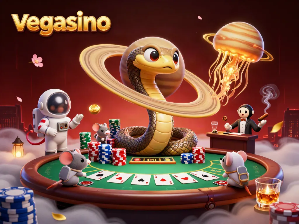 Experience the thrill of vegasino with a cosmic poker scene, featuring a Jupiter-sized dealer and astronaut mice.