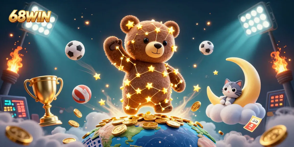 Engage with exciting 68WIN gaming experience while the constellation bear scoops coins, amid dynamic sports elements.