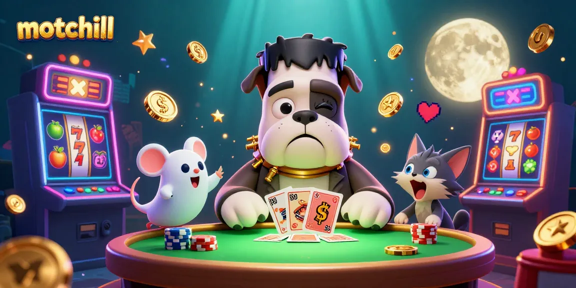 Motchill showcases a thrilling casino scene with characters at a slot machine table.