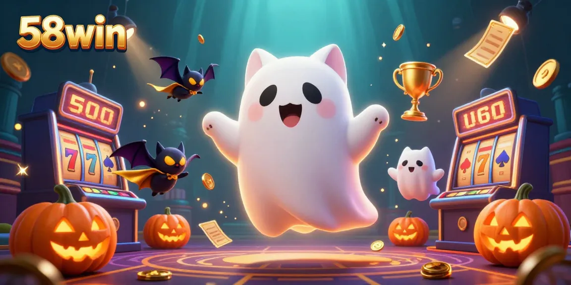 Experience thrilling 58win casino action with a ghost cat and bat in a haunted mansion.
