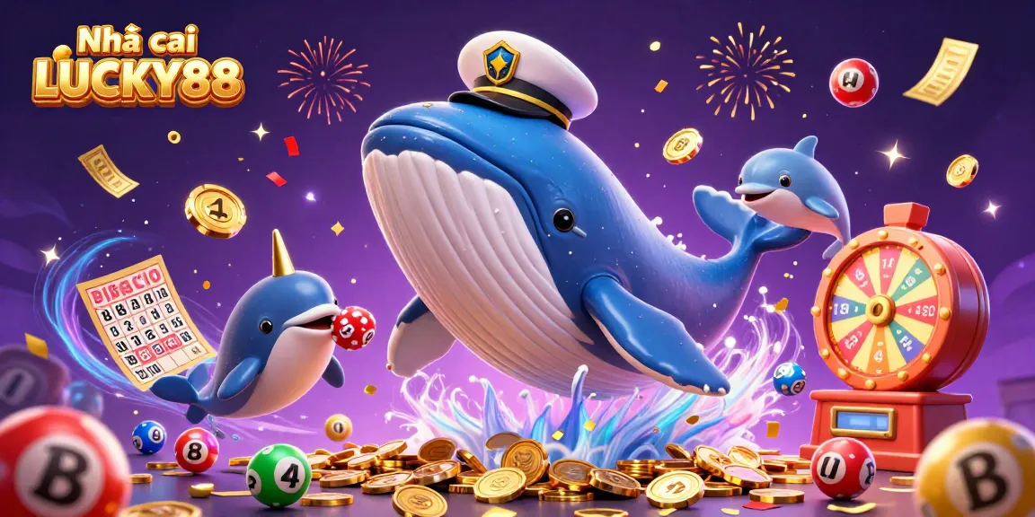 Experience the excitement of Nhà cái LUCKY88 with a vibrant illustration featuring playful sea creatures and lottery elements.