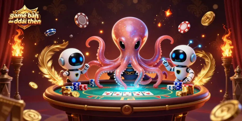 Experience the thrill of game đánh bài đổi thưởng with an alien octopus at a holographic poker table.