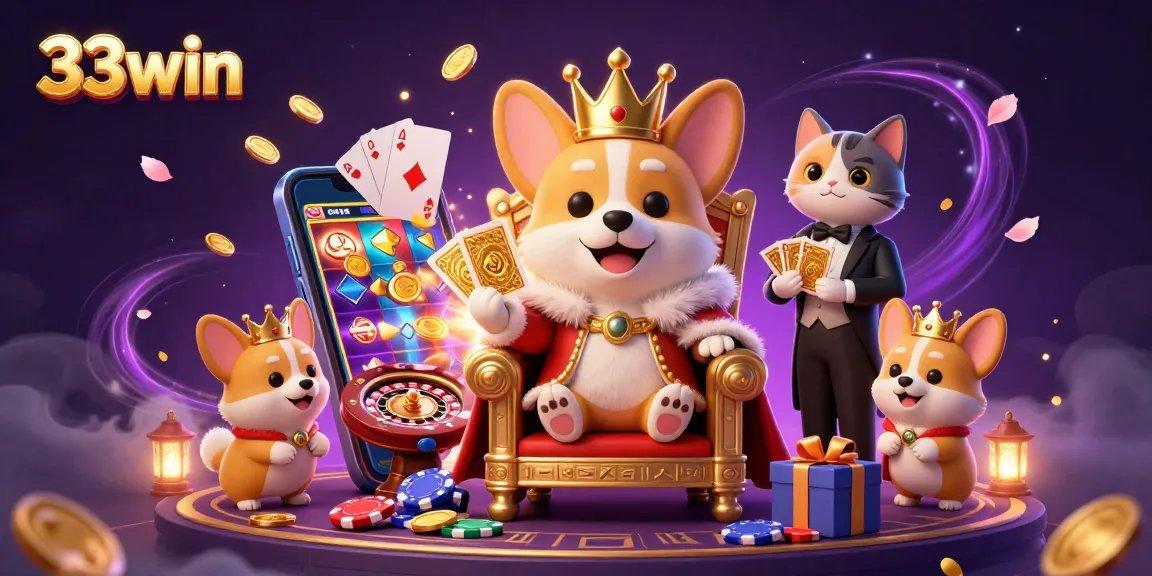 Experience the excitement of 33win with a cartoon royal corgi on a throne of poker chips surrounded by vibrant casino elements.