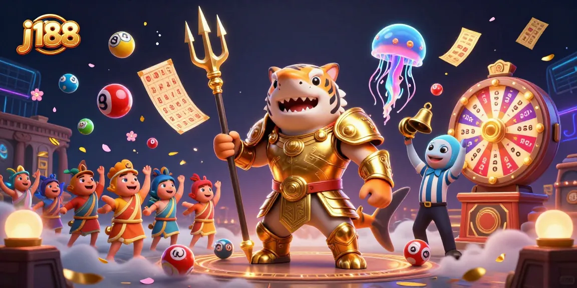 Engage with j188's dynamic underwater casino scene featuring a golden shark and lottery fun.