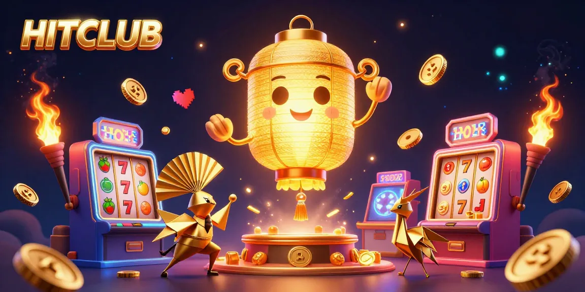 Engage in thrilling gameplay at HITCLUB with a vibrant casino scene, slot machines, and festive spirits.