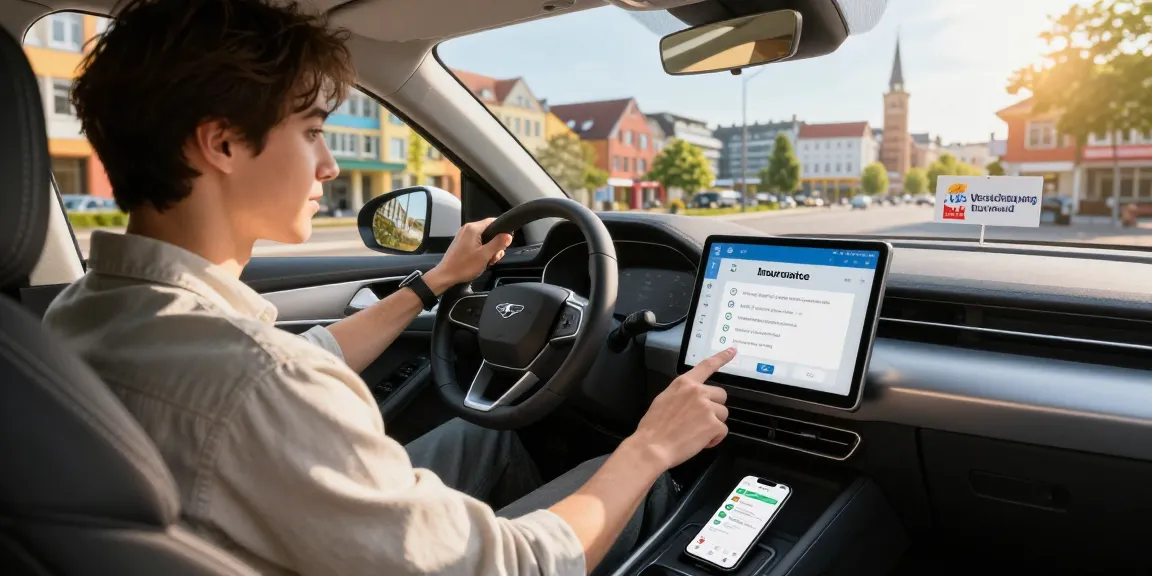 Kfz Versicherung Dortmund für junge Autofahrer in modernem Auto mit Tablet im Stadtzentrum.