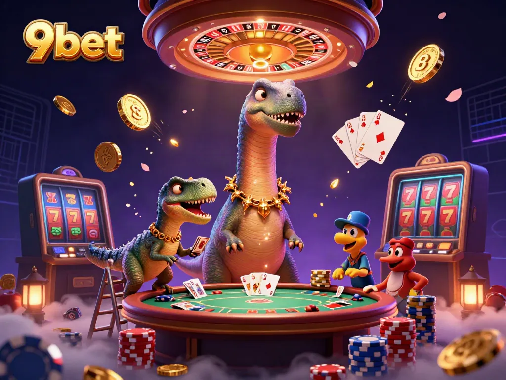 Engage with the unique universe of 9bet, showcasing a lively casino scene with dynamic characters and game elements.