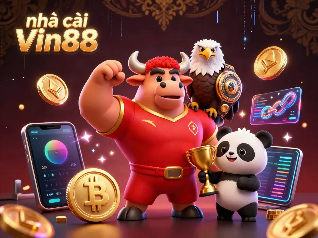 Engage with nhà cái Vin88 through a vibrant 3D casino scene, featuring a victorious bull mascot and cheerful characters amidst glowing crypto coins.