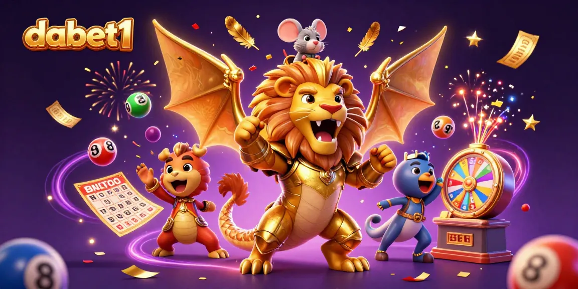 dabet1 features a dynamic casino scene with a chimera creature and vibrant lottery elements.
