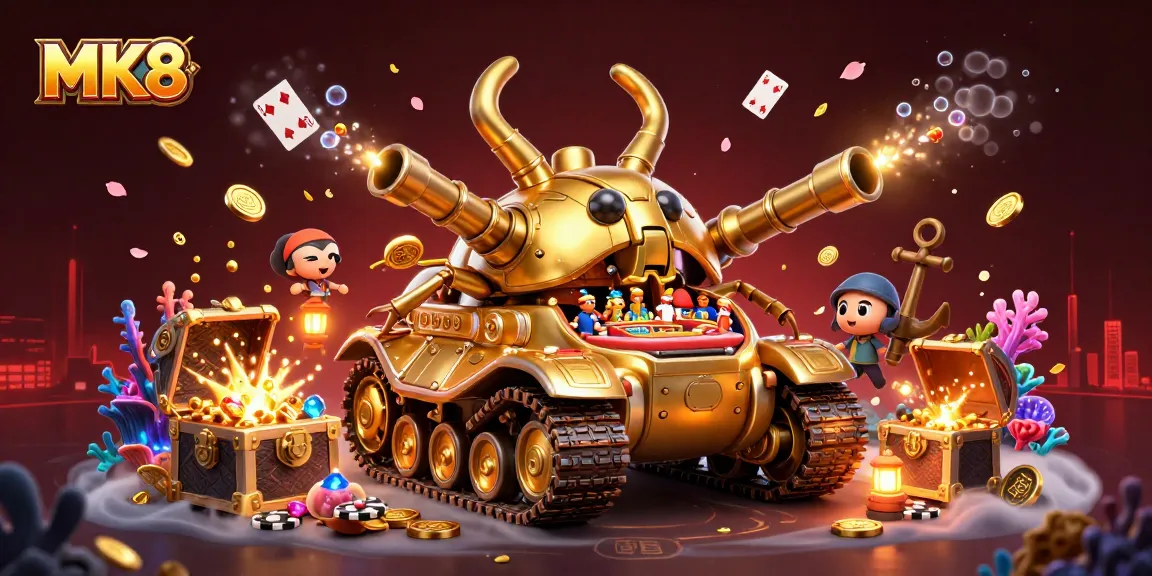 Win big with MK8 in this vibrant casino scene featuring golden beetle tank and underwater treasures.