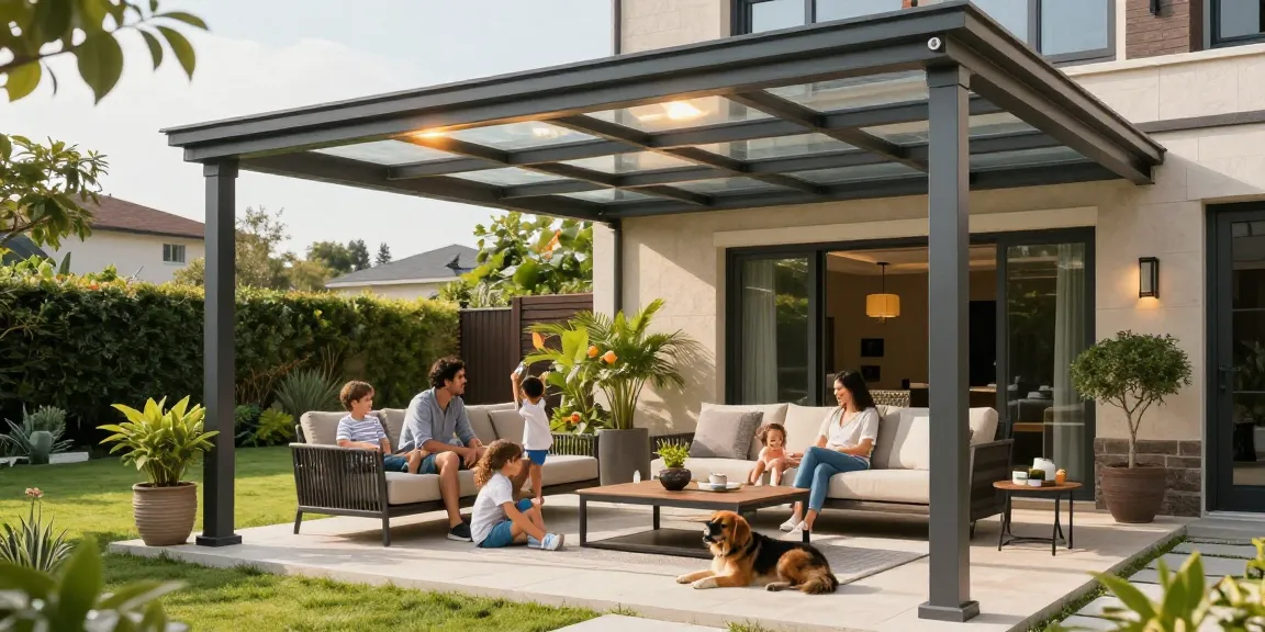 Moderne Terrassenüberdachung schützt Familie im Garten vor Sonne