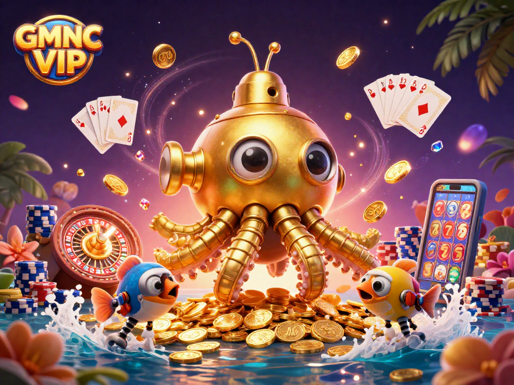 Experience the excitement of GMNC VIP with a vibrant 3D illustration showcasing a fantastical underwater casino scene.